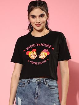 JUNEBERRY - Women Black Disney Mickey & Minie Mouse Printed Round Neck Crop T-Shirt