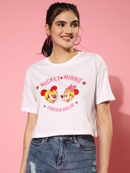 JUNEBERRY - Women White Disney Mickey & Minie Mouse Graphic Print Round Neck Crop T-Shirt