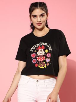 JUNEBERRY - Women Black Disney Minie Mouse Graphics Print Round Neck Crop T-Shirt