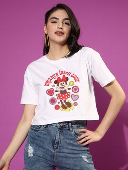 JUNEBERRY - Women White Disney Minie Mouse Graphics Print Round Neck Crop T-Shirt