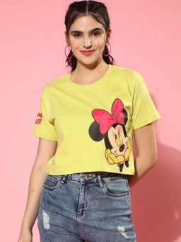 JUNEBERRY - Women Green Disney Minie Mouse Placement Print Round Neck Crop T-Shirt