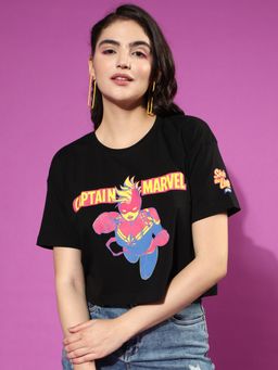 JUNEBERRY - Women Black Captain Marvel Graphic Print Round Neck Crop T-Shirt