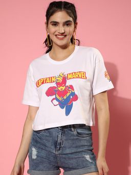 JUNEBERRY - Women White Captain Marvel Graphic Printed Round Neck Relaxed Fit Crop T-Shirt