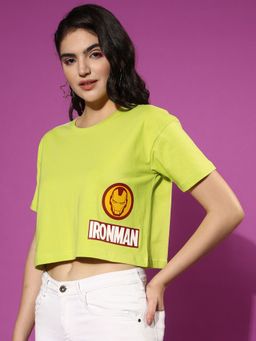 JUNEBERRY - Women Green Iron Man Marvel Graphic Print On Placement Round Neck Crop T-Shirt