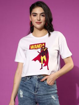 JUNEBERRY - Women White Wanda Marvel Graphic Print Round Neck Crop T-Shirt