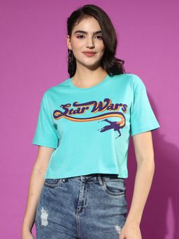JUNEBERRY - Women Blue Star Wars Print Round Neck Crop T-Shirt