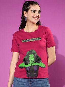JUNEBERRY - Women Magenta She Hulk Marvel Graphic Print Short Sleevess Regular Fit T-Shirt