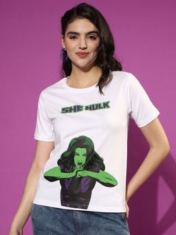 JUNEBERRY - Women White She Hulk Marvel Graphic Print Short Sleevess Regular Fit T-Shirt