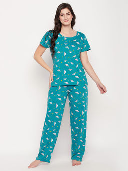 Clovia - Spaceship Print Top & Pyjama Teal Blue - 100% Cotton (Set of 2)