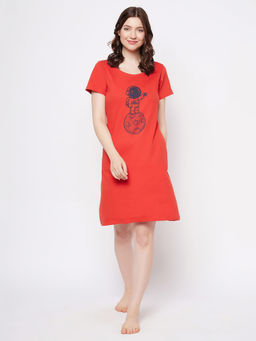 Clovia - Astronaut & Moon Print Short Night Dress In Red - 100% Cotton