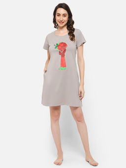Clovia - Tutti Fruity Short Night Dress In Taupe - 100% Cotton