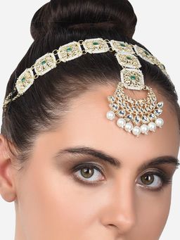 Zaveri Pearls - Green Stones & Pearls Bridal Kundan Head Chain-ZPFK14421