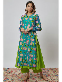 Yuvrani Jaipur - Parrot Green and Blue Printed Chanderi Kurta (Set of 2)
