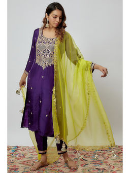 Yuvrani Jaipur - Purple Hand Embroidered Kurta (Set of 3)