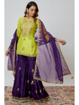 Yuvrani Jaipur - Purple and Green Hand Embroidered Sharara (Set of 3)