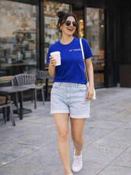 The Fit Theory - Women'S Blue Solid Gym Sports Round Neck T-Shirt