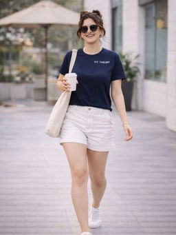 The Fit Theory - Women Navy Blue Round Neck Half Sleeves Regular Fit T-Shirt