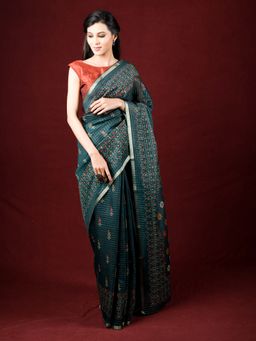 EXCLUSIVA - Green Cotton Printed Saree Thread Weaving with Unstitched Blouse