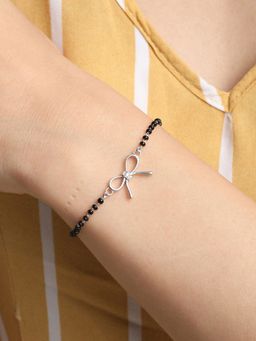 CLARA - 925 Silver Rhodium Plated Black Beads Bow Hand Mangalsutra Bracelet Gift For Wife