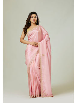 Aparnaa - Pink Tissue Silk Pearl Dabka And Gota Embroidered Saree with Unstitched Blouse