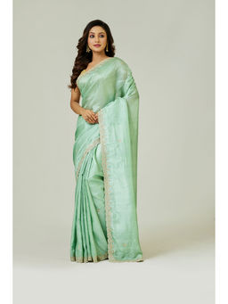 Aparnaa - Aqua Pure Tussar Silk Pearl Dabka Embroidery Saree with Unstitched Blouse