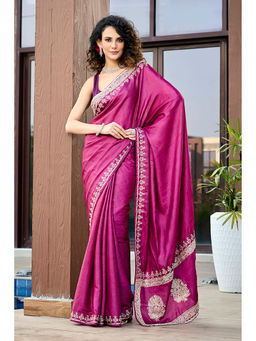 Aparnaa - Pure Tussar Silk Hand Embroidered Pearl Purple Saree with Unstitched Blouse