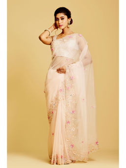 Aparnaa - Light Peach Organza Hand Embroidered Pearl Thread Work Saree with Unstitched Blouse