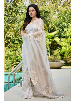 Aparnaa - Grey Tissue Hand Embroidered Sequins Zari Border Saree with Unstitched Blouse