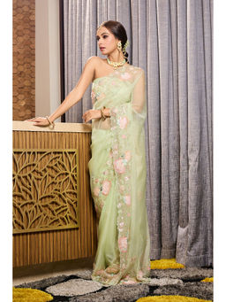 Aparnaa - Green Patchwork Organza Hand Embroidered Sequins Saree with Unstitched Blouse