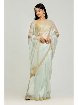 Aparnaa - Blue Organza Tissue Pearl And Dabka Embroidered Border Saree with Unstitched Blouse