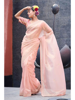 Aparnaa - Light Pink Tissue Gota Patti Embroidered Border Gota Saree with Unstitched Blouse