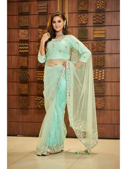Aparnaa - Aqua Green Net Elegant Resham Embroidery Saree with Unstitched Blouse