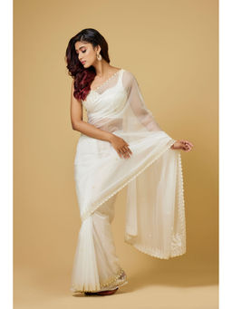 Aparnaa - White Organza Pearl Embroidered Border Saree with Unstitched Blouse