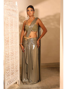 Label Simran Kochher - Olive Aura Pre Draped Saree with Stitched Blouse