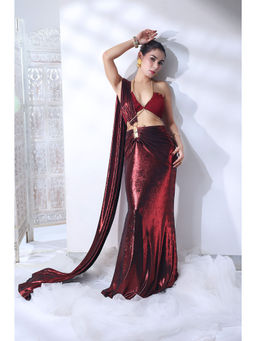 Label Simran Kochher - Burnt Rogue Maroon Pre Draped Saree with Stitched Blouse