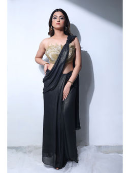 Label Simran Kochher - Shadow Bloom Black Pre Draped Saree with Stitched Blouse