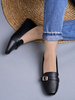 Shoetopia - Square Toe Buckle Detailed Black Ballerinas