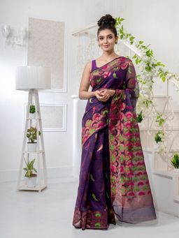 CHARUKRITI - Purple Silk Cotton Handwoven Jamdani Saree
