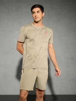 Technosport - Beige Men Jacquard Slim Fit Round Neck Sports T-shirt