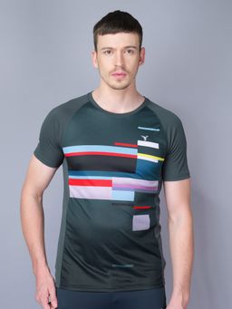 Technosport - Green Men Stripe Slim Fit Round Neck Sports T-shirt