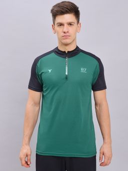 Technosport - Green Men Colorblock Slim Fit Mock Neck Sports T-shirt