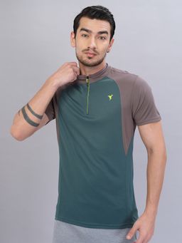 Technosport - Green Men Colorblock Slim Fit Mock Neck Sports T-shirt