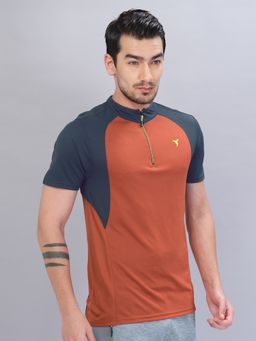 Technosport - Orange Men Colorblock Slim Fit Mock Neck Sports T-shirt