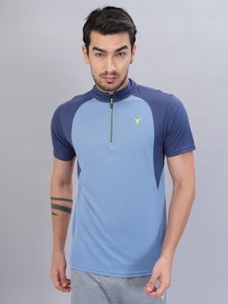 Technosport - Blue Men Colorblock Slim Fit Mock Neck Sports T-shirt