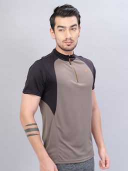 Technosport - Brown Men Colorblock Slim Fit Mock Neck Sports T-shirt