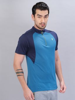 Technosport - Turquoise Men Colorblock Slim Fit Mock Neck Sports T-shirt