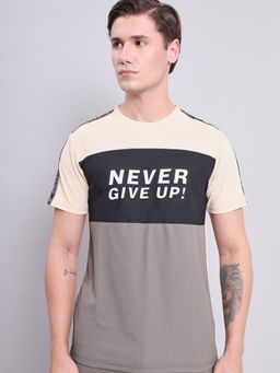 Technosport - Cream Men Colorblock Slim Fit Round Neck Sports T-shirt