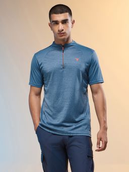 Technosport - Blue Men Melange Slim Fit Mock Neck Sports T-shirt