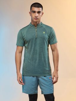 Technosport - Green Men Melange Slim Fit Mock Neck Sports T-shirt