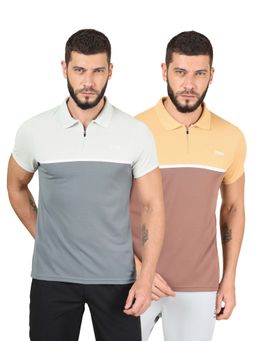 Technosport - Multi-Color Men Pack of 2 Colorblock Slim Fit Polo Sports T-shirt